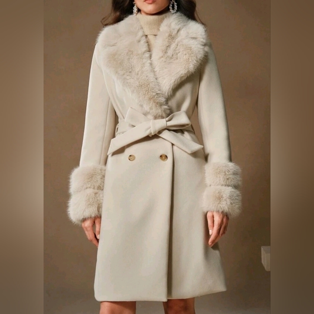 NEW Glam Faux Fur Borg Collar Double Breasted Tie Waist Jacket Coat Beige Cream - Picture 7 of 13